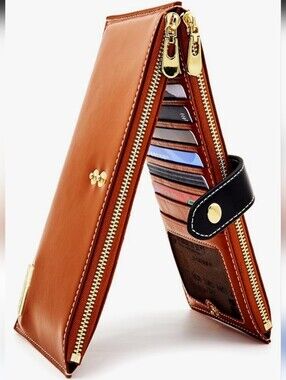 Andoilt Brown Leather Zip RFID Wallet with Gold Hardware